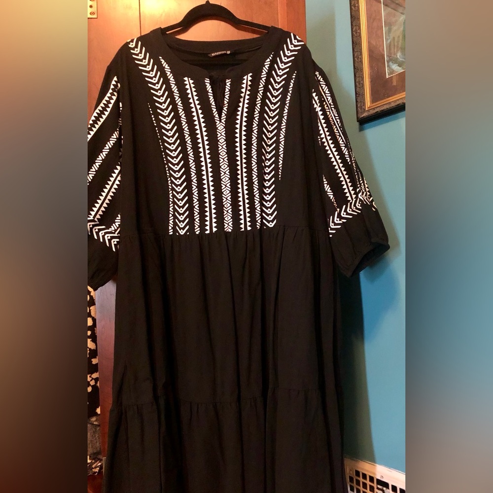 BloomChic Black Dress with White Geometric Trim